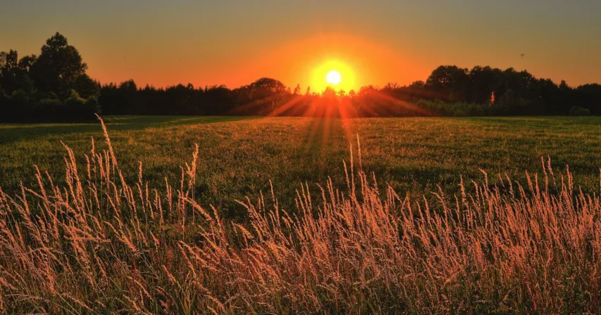 Aurinko laskee pellon ja heinikon taakse