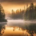 Usvainen metsäjärvi auringonnousussa