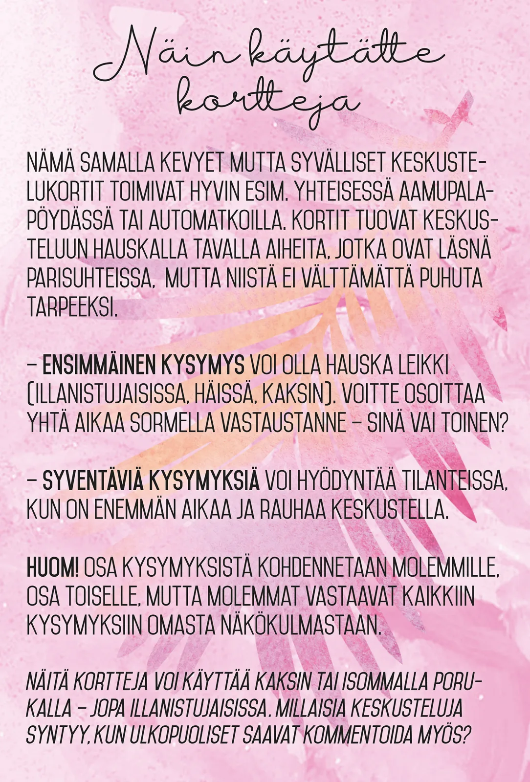 Parisuhteen keskustelukortit 3 Eevi Vuoristo ja Marika Rosenborg Hidasta elämää, ohjekortti
